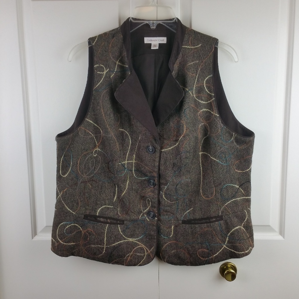 Coldwater Creek Swirl Embroided Brn Tweed Vest 18